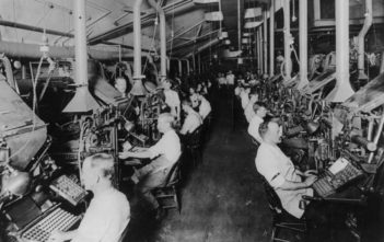 Composing room with linotype machines, New York Herald, 1902