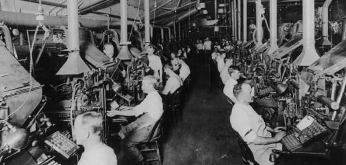 Composing room with linotype machines, New York Herald, 1902