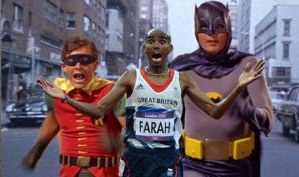 Mo Farah running away with Batman and Robin