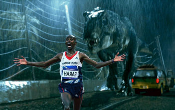 Mo Farah running away from a T-Rex in Jurassic Park