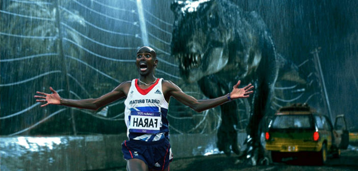 Mo Farah running away from a T-Rex in Jurassic Park