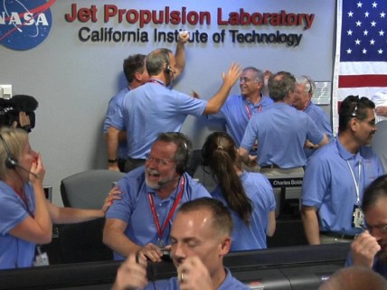 NASA: Staff at the Jet Propulsion Lab celebrate the safe landing of Curiosity