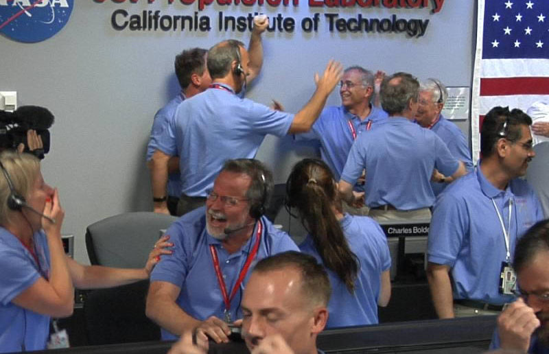 NASA: Staff at the Jet Propulsion Lab celebrate the safe landing of Curiosity