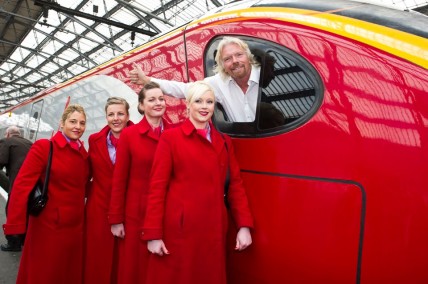 Richard Branson in a Virgin train