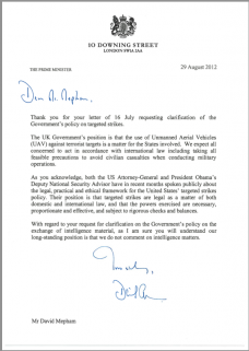 Reply from Downing Street regarding the targets of drone strikes