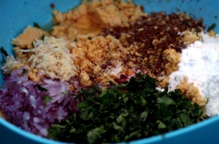 Falafel ingredients in the mixing bowl