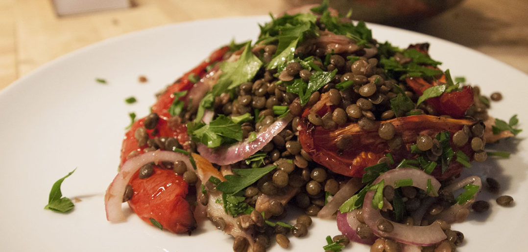 Puy lentils with smoked mackerel and oven-dried plum tomatoes