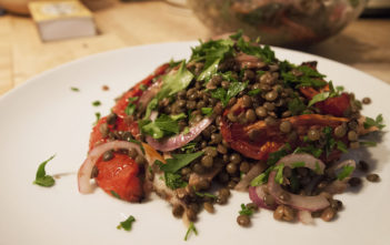 Puy lentils with smoked mackerel and oven-dried plum tomatoes