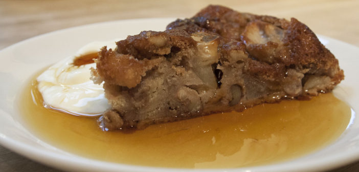 Apple, walnut, custard and bourbon cake