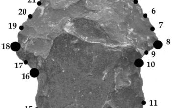 An arrowhead from the Late Holocene period labelled with the 24 "landmarks"