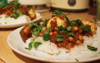 Egg, aubergine, and chickpea curry