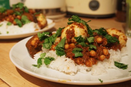 Egg, aubergine, and chickpea curry