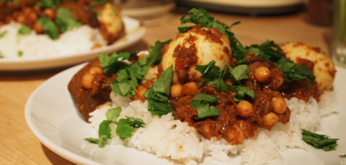 Egg, aubergine, and chickpea curry