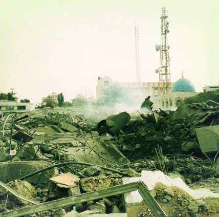 The smoldering Abu Khadra interior ministry compound, hit by 7-8 missiles last night in Gaza City