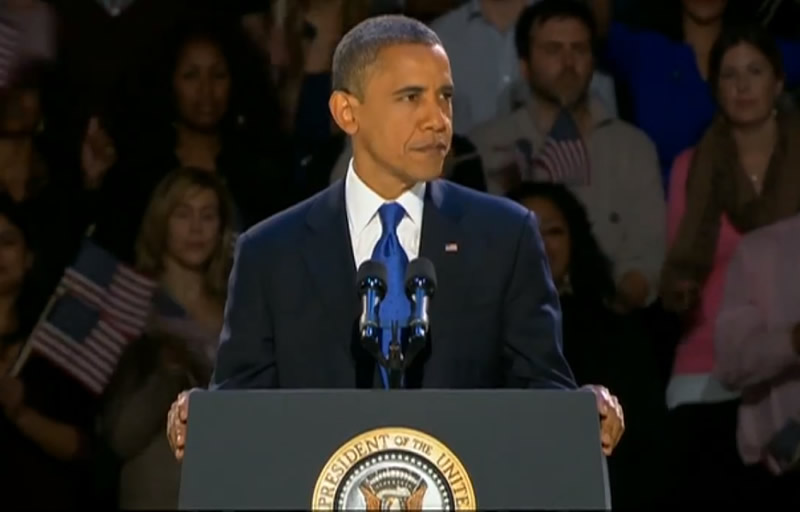 Barack Obama making his victory speech in Chicago