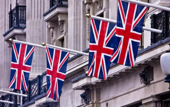 Union jack flags flying over Regent Street, London