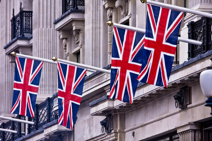 Union jack flags flying over Regent Street, London
