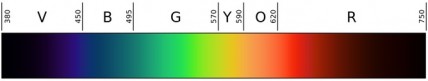 A linear representation of the visible range of the electromagnetic spectrum. Shorter wavelength light is on the left with longer wavelength light on the right.