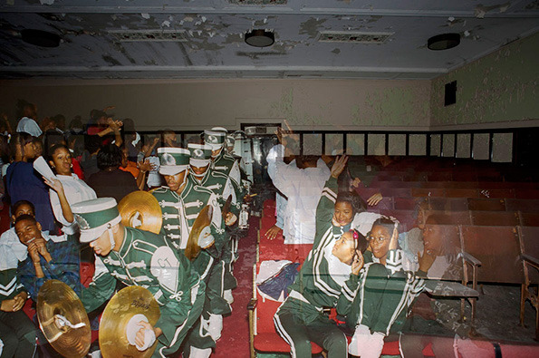 Pep band make their way through the crowd