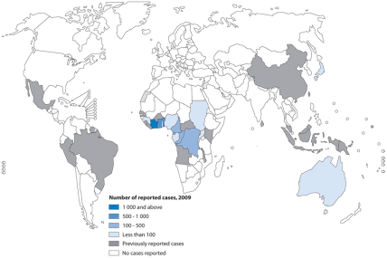 A global map representing countries that have reported cases of Buruli ulcer disease as of 2009