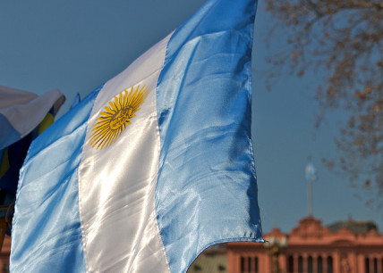 Argentinian flag flies at the Plaza de Mayo, Buenos Aires