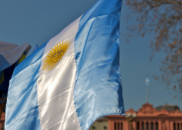 Argentinian flag flies at the Plaza de Mayo, Buenos Aires