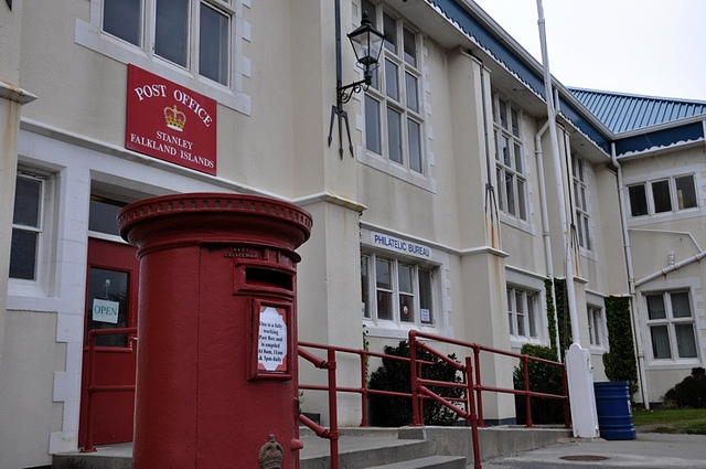Traditional British red post box in Port Stanley, Falkland Islands