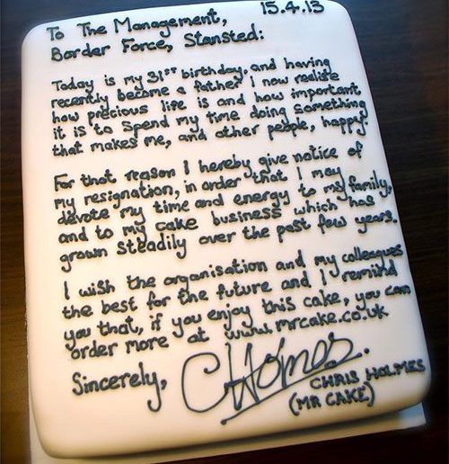 Cake resignation letter by Mr Cake