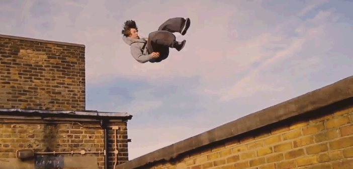 Still from the freerunning/parkour video on a London rooftop