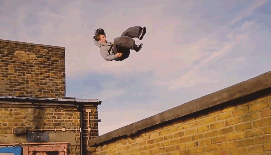 Still from the freerunning/parkour video on a London rooftop