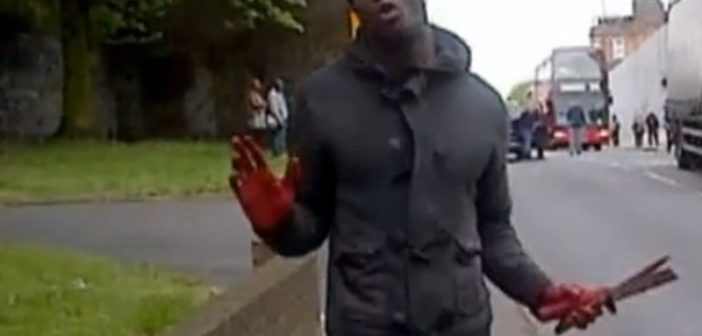 Woolwich attacker brandishing a knife with bloodied hands
