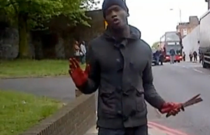 Woolwich attacker brandishing a knife with bloodied hands