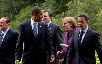 Silvio Berlusconi, Barack Obama, Jose Manuel Barroso, Angela Merkel, and Nicolas Sarkozy at the 36th G8 summit