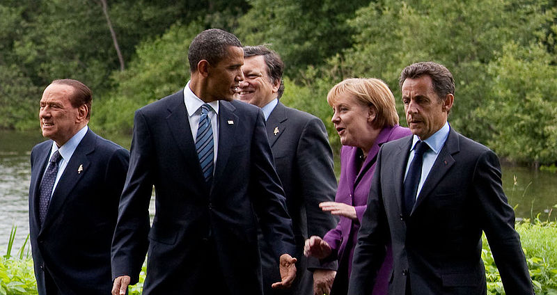 Silvio Berlusconi, Barack Obama, Jose Manuel Barroso, Angela Merkel, and Nicolas Sarkozy at the 36th G8 summit