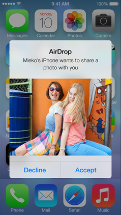 iOS brings AirDrop to mobile, allowing users to share files directly with each other over WiFi
