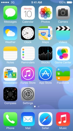 iOS7's home screen shows the flatter design on the icons we all know and love