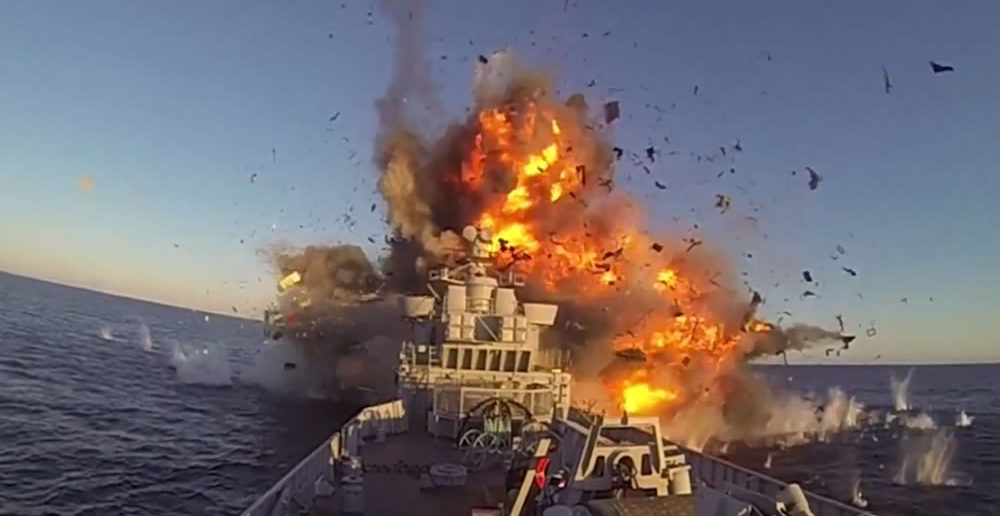 Momemt of impact of a Norwegian test missile on their own ship