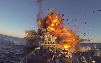 Momemt of impact of a Norwegian test missile on their own ship