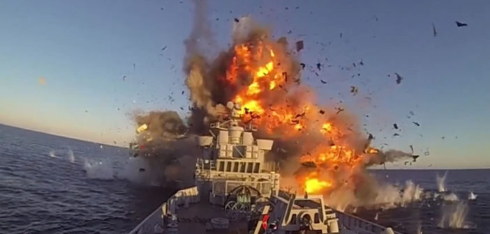 Momemt of impact of a Norwegian test missile on their own ship