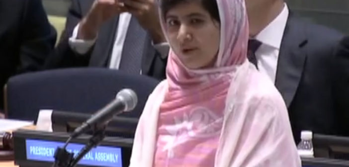 Malala Yousafzai speaking at the UN