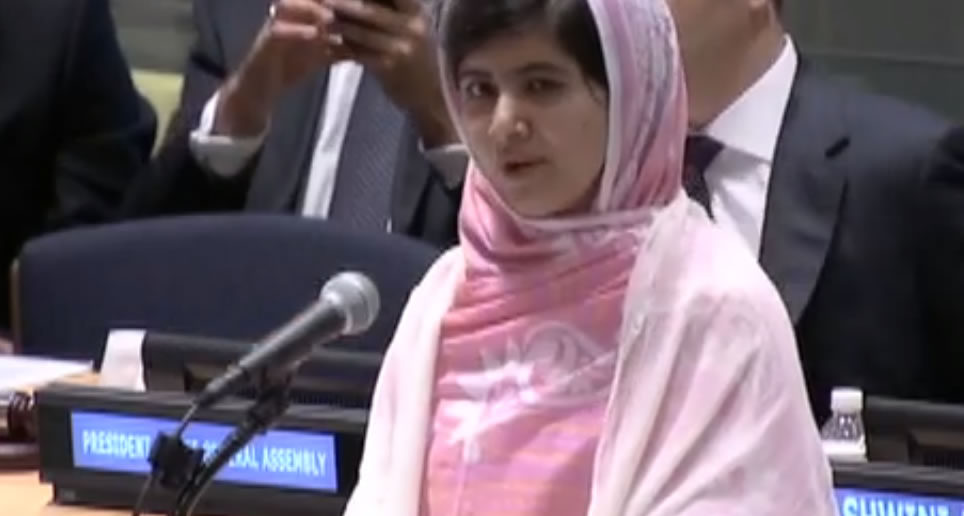 Malala Yousafzai speaking at the UN