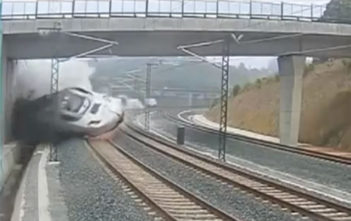 Still from CCTV footage showing train derailment in Spain