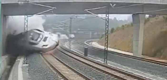 Still from CCTV footage showing train derailment in Spain