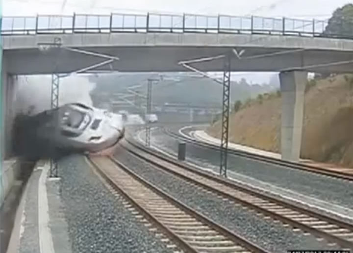 Still from CCTV footage showing train derailment in Spain
