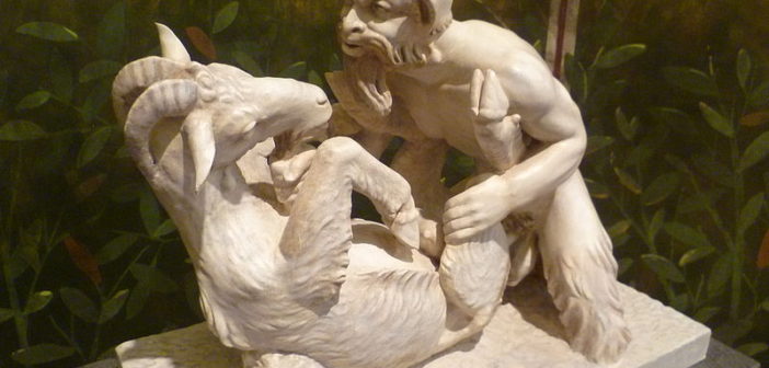 Statue of Pan copulating with a goat at an exhibit at the National Archaeological Museum in Naples