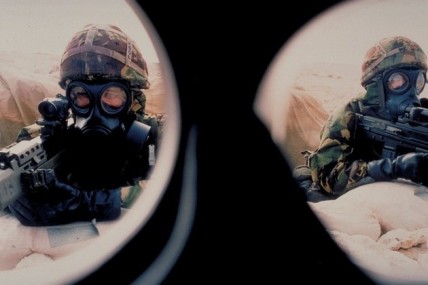 Soldiers wearing gas masks during Gulf War Operation Desert Storm