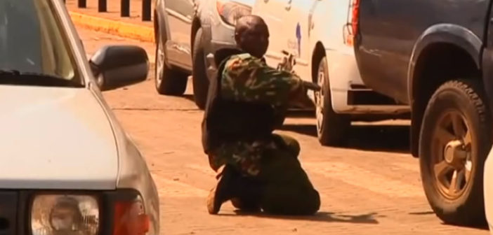 Kenyan military personnel outside the Westgate shopping centre in Nairobi