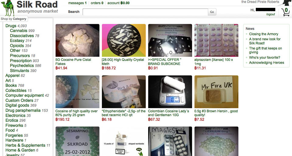 Screenshot of the Silk Road marketplace where anonymous users sold drugs, stolen credit card information, and gun for Bitcoins