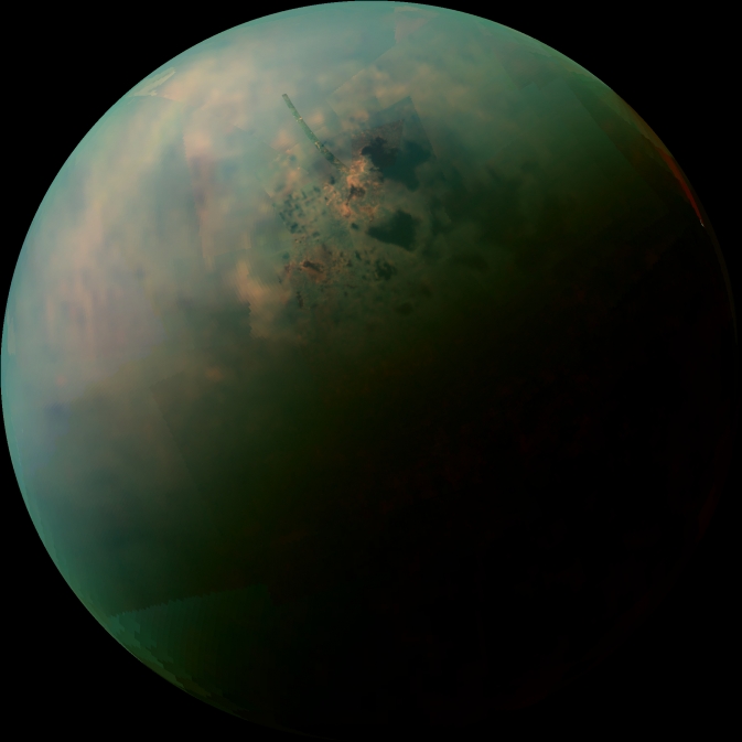 False-color mosaic, made from infrared data collected by NASA's Cassini spacecraft