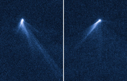 Two images of P/2013 P5 show its "spinning tails"